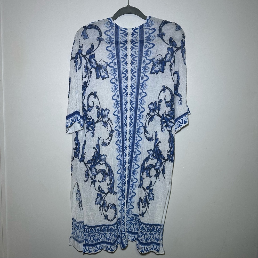 Chico’s Blue White Boho Lightweight Gauzy Longline Open Front Cardigan Kimono - Picture 7 of 9